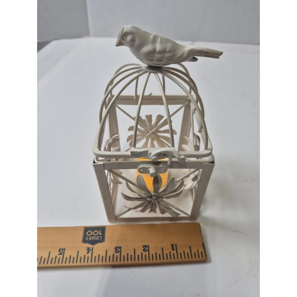 Vintage Shabby Chic White Metal Birdcage Lantern Floral Tea Light Holder 6.5in